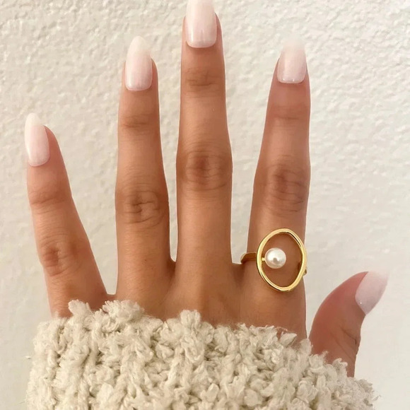 925 Sterling Silver Gold Pearl Statement Ring Boho Minimalist Oval Round Ring - Picture 7 of 8